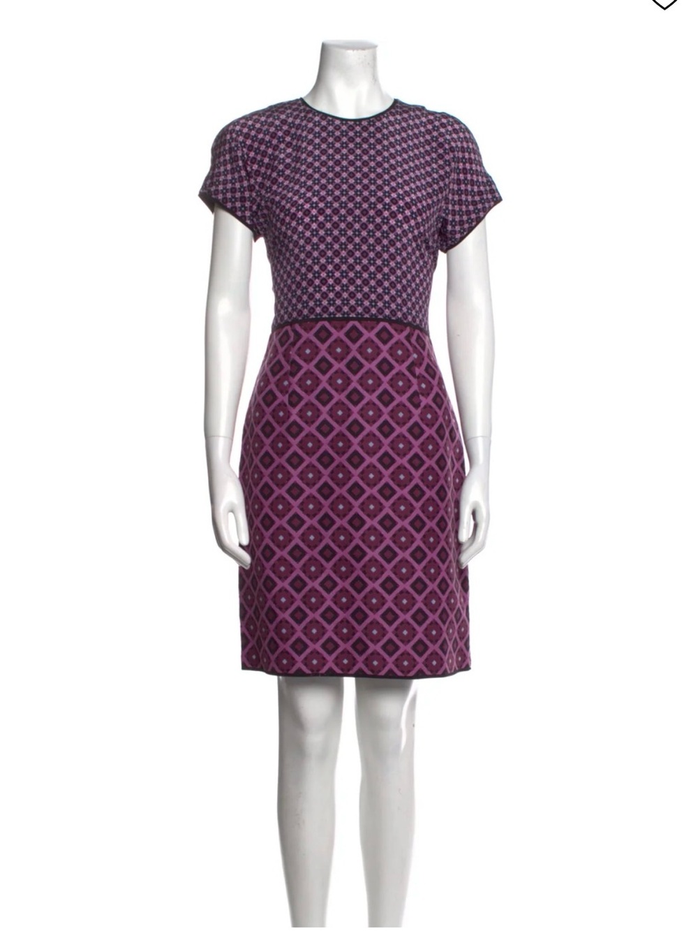 Victoria Beckham Purple Patterned Short Sleeve Silk Designer Sheath Dress